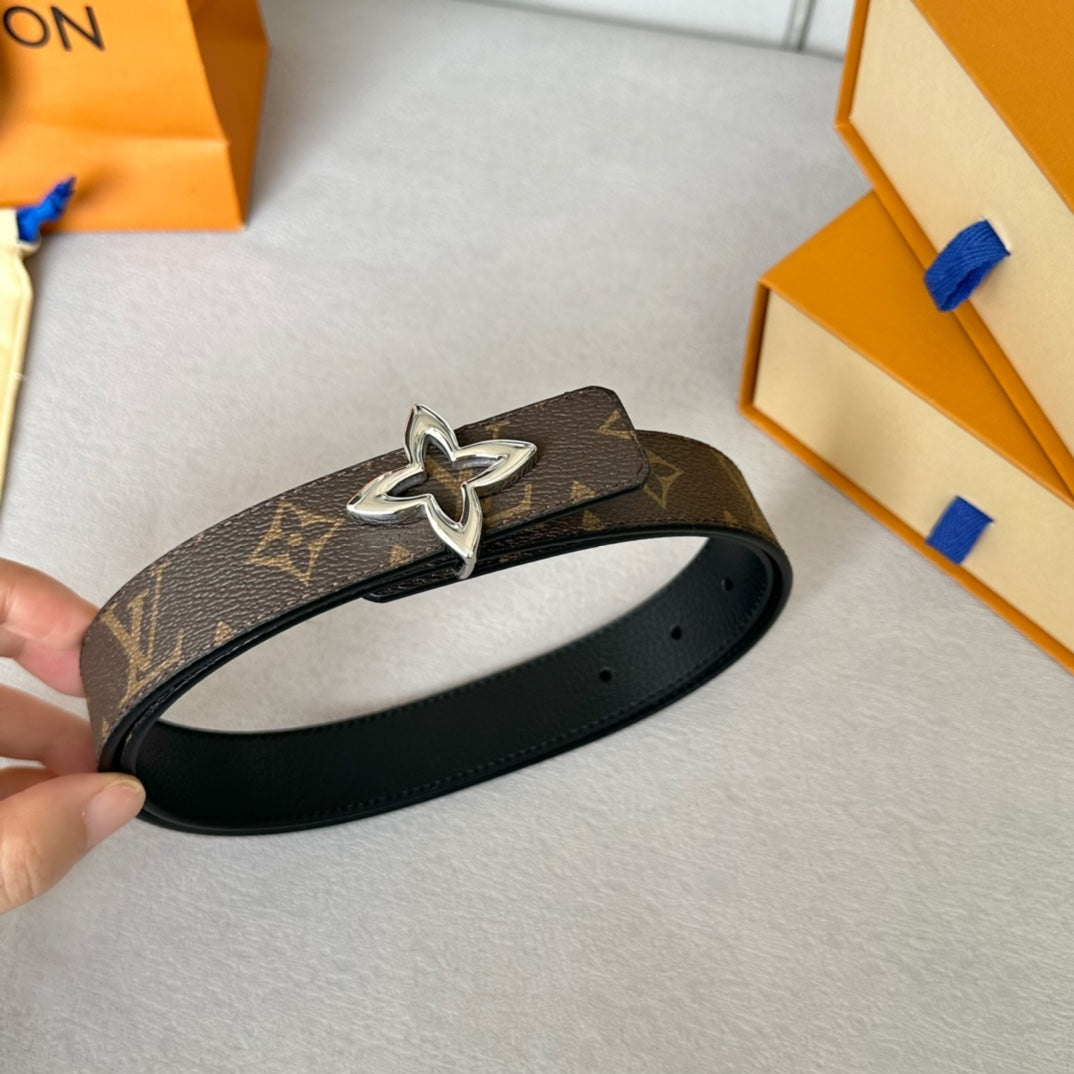 LOUIS VUITTON LV  MINI FLOWERGRAM 30MM REVERSIBLE BELT IN BLACK CALFSKIN SILVER HARDWARE